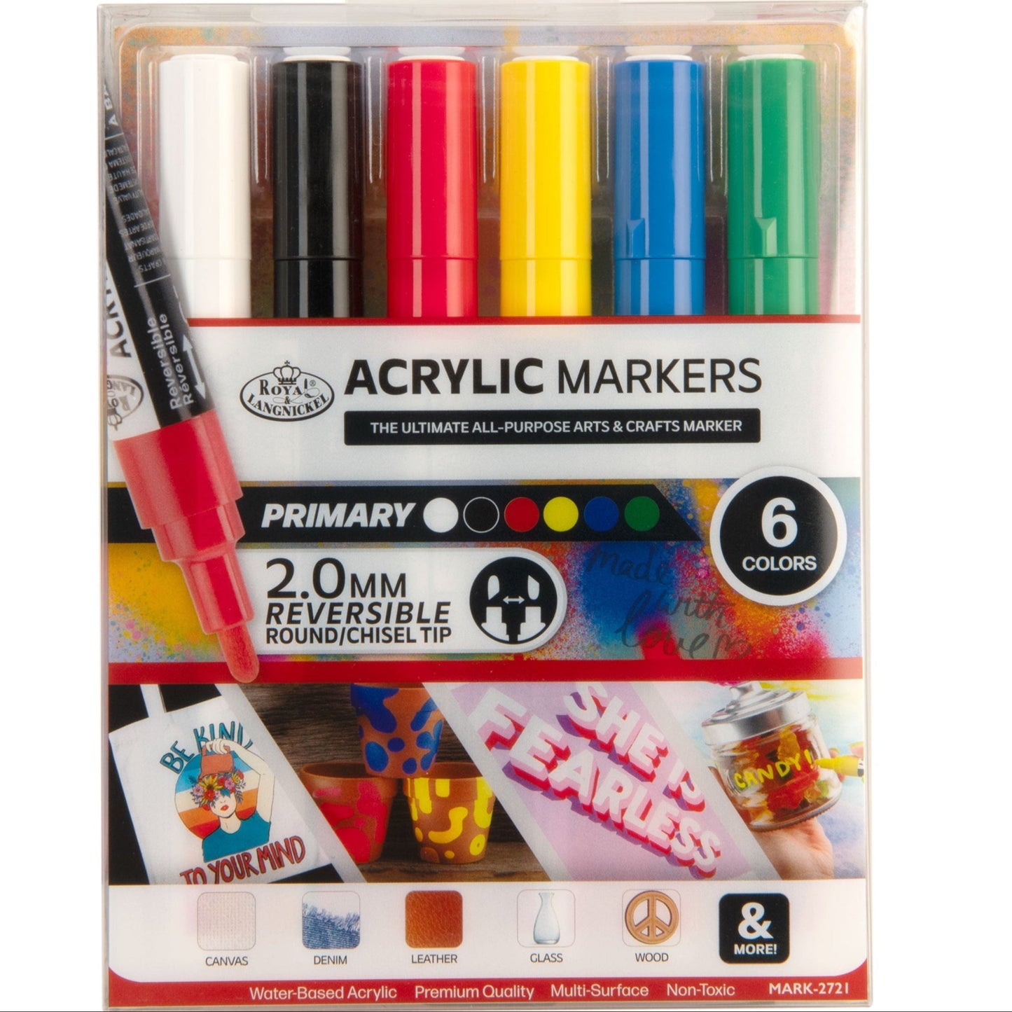 WAL-MARK-2721-RFID | Royal & Langnickel 6 Piece Acrylic 2mm Reversible Tip Primary Markers