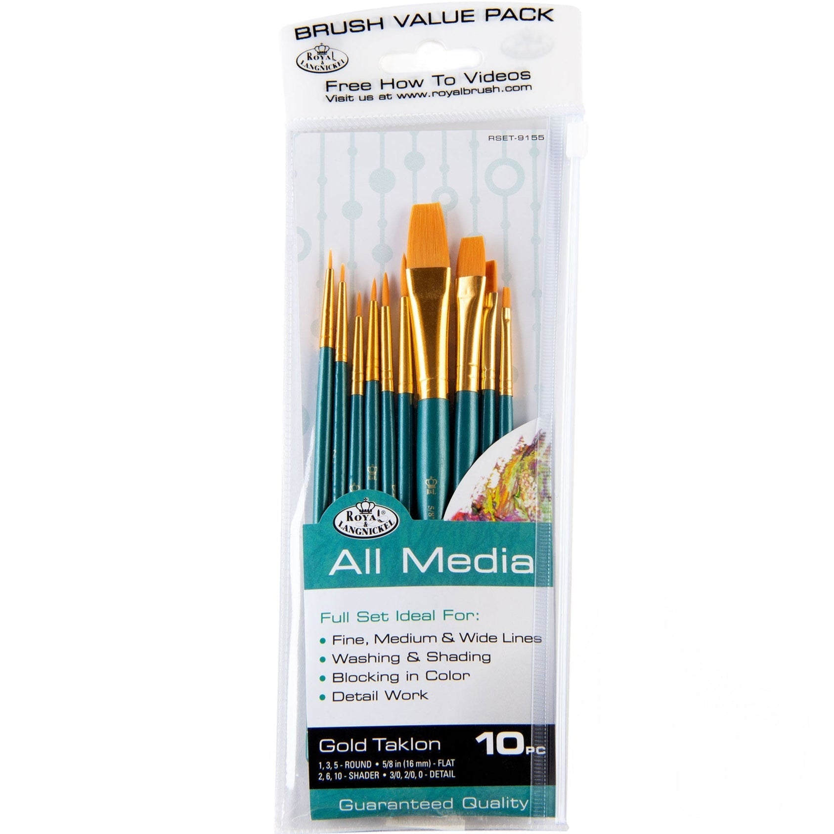 RSET-9155 - 11pc Golden Taklon Variety Brush Set with Brush Pouch packaging front