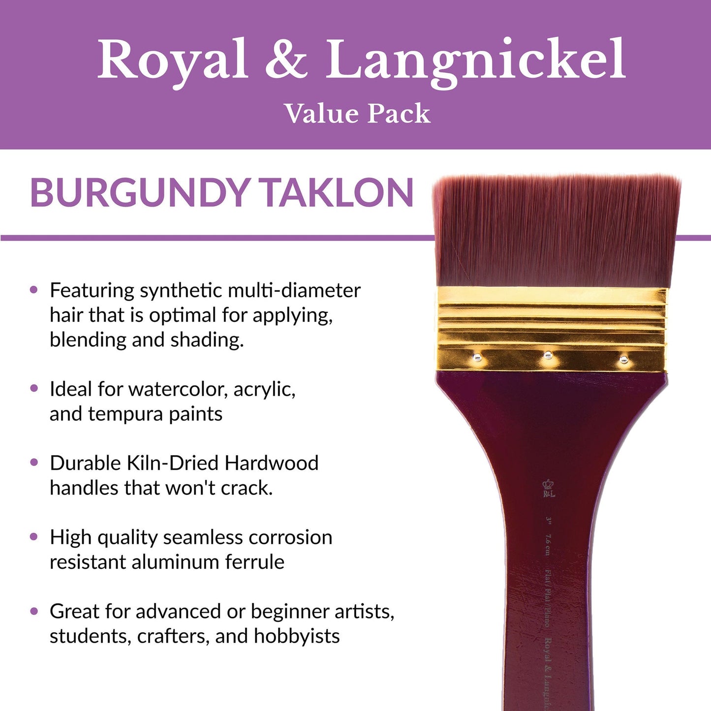 RSET-9353 - 3pc Burgundy Taklon Flat Large Area Brush Set infographic 1