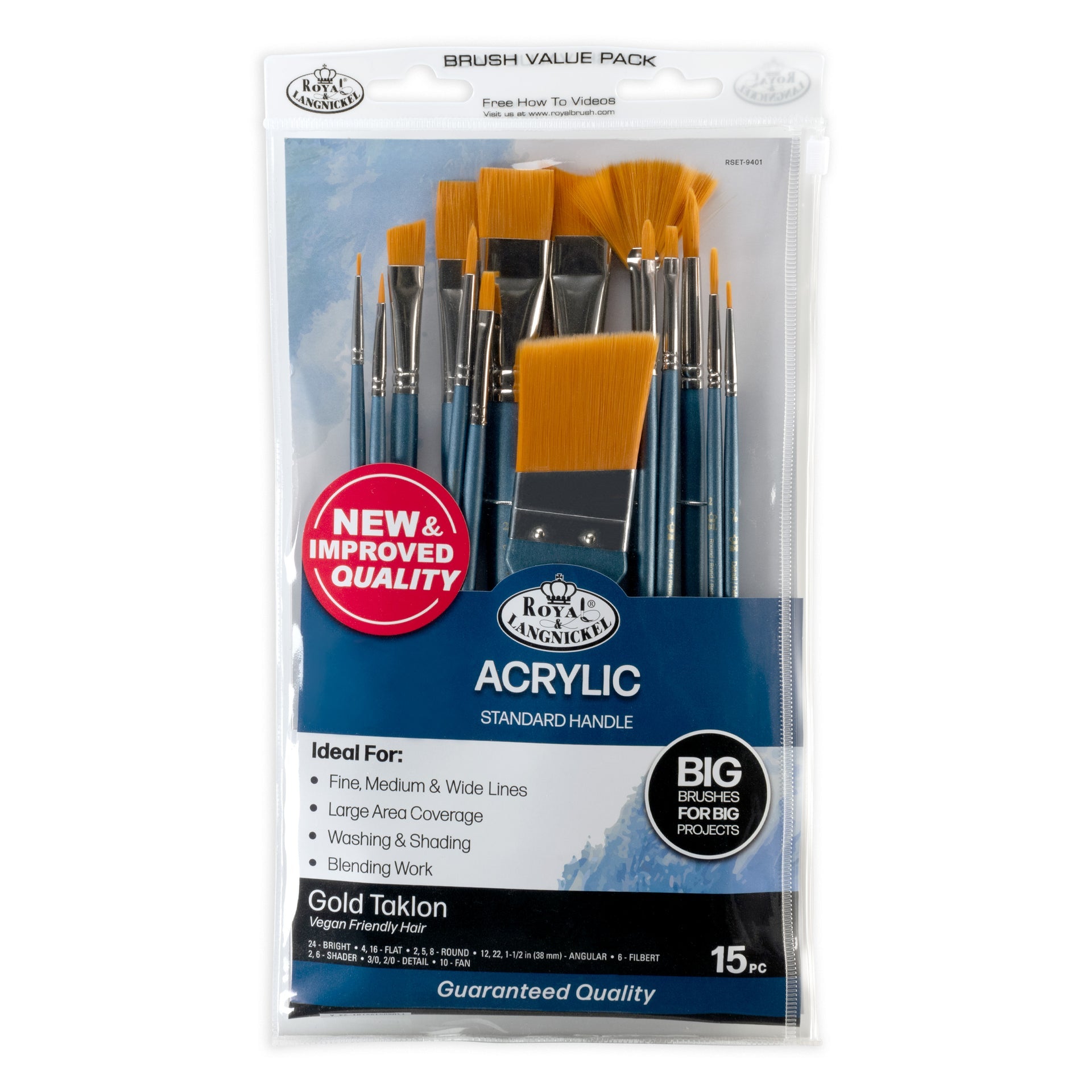 RSET-9401 | Acrylic 15pc Golden Taklon Variety Brush Set – Royal