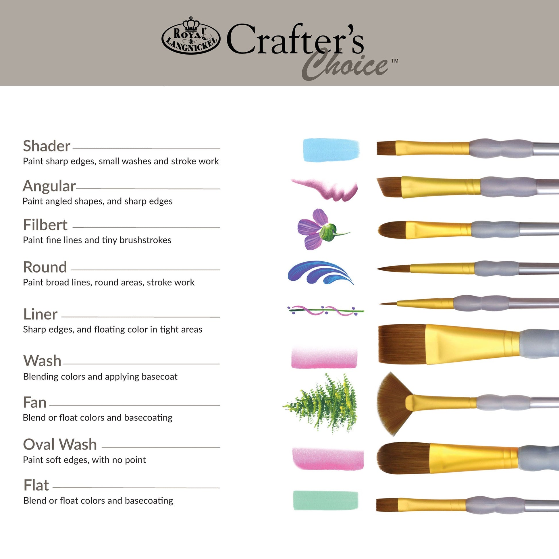 RCC 602 - Crafter's Choice™ 15pc Brown Taklon Variety Brush Set infographic 2