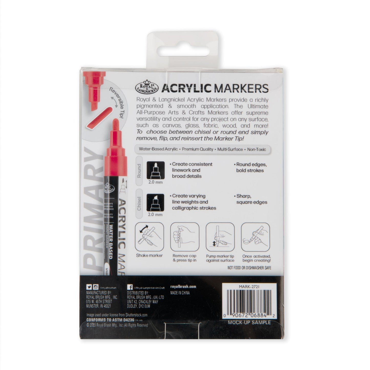 WAL-MARK-2721-RFID | Royal & Langnickel 6 Piece Acrylic 2mm Reversible Tip Primary Markers