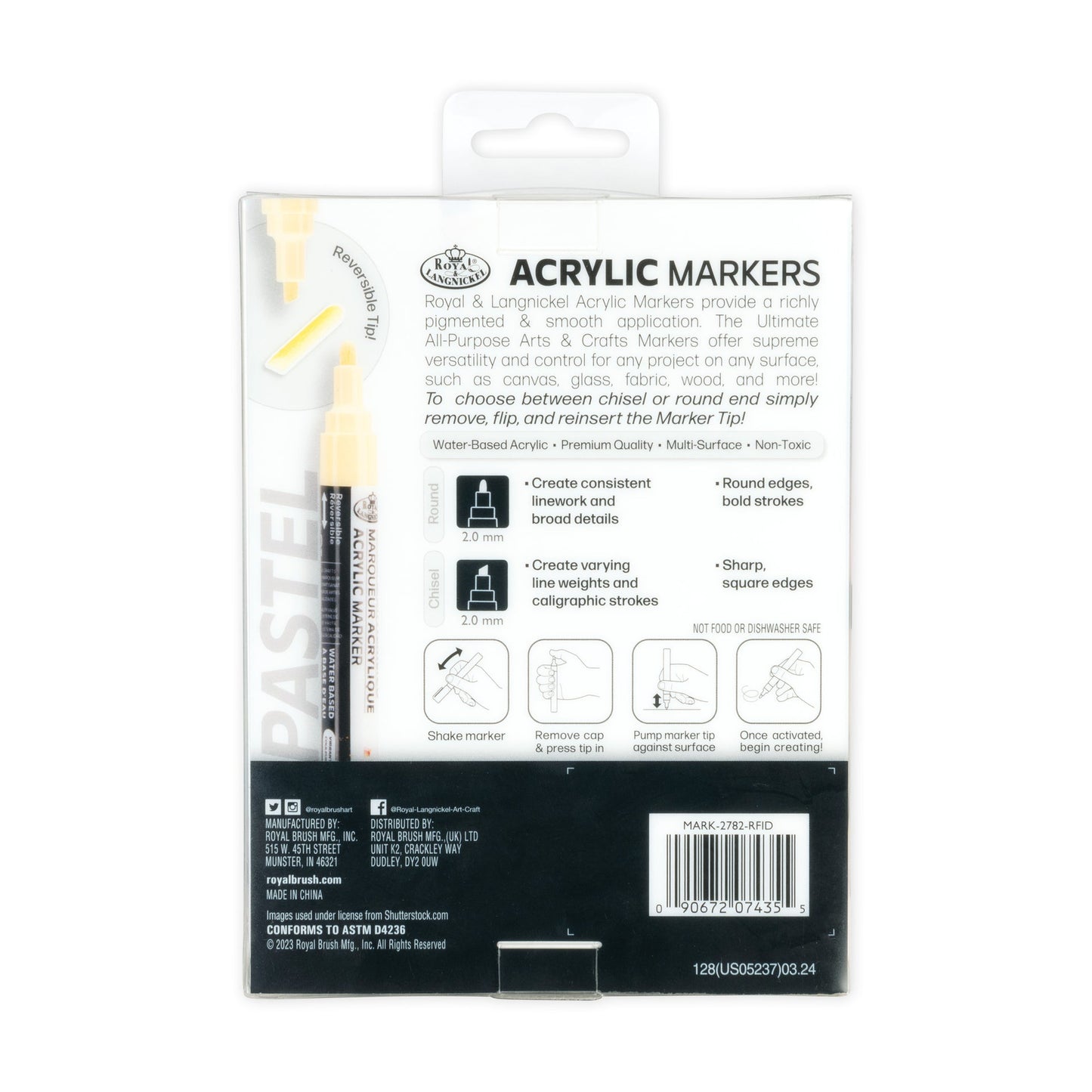 WAL-MARK-2782-RFID | Royal & Langnickel 6 Piece Acrylic 2mm Reversible Tip Pastel Markers