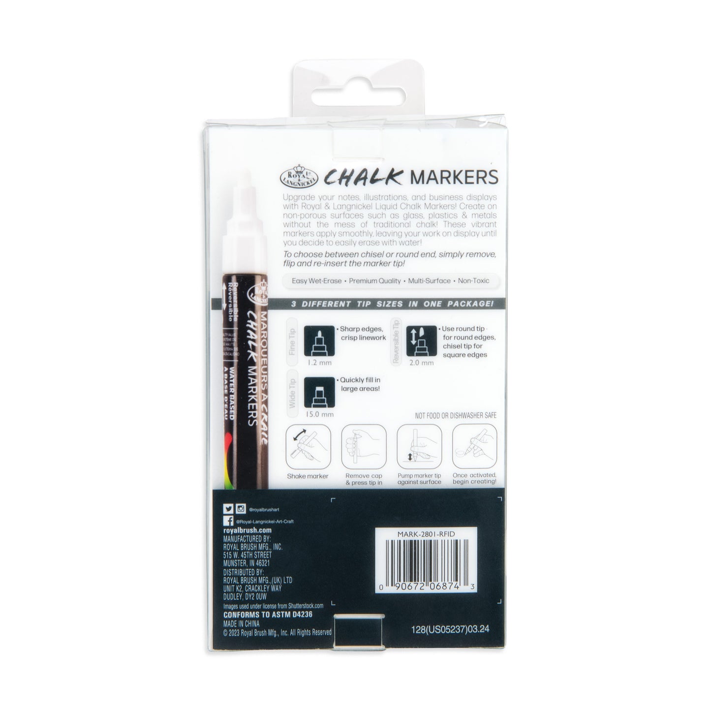 WAL-MARK-2801-RFID | Royal & Langnickel 3 Piece White Variety Size Chalk Marker Set