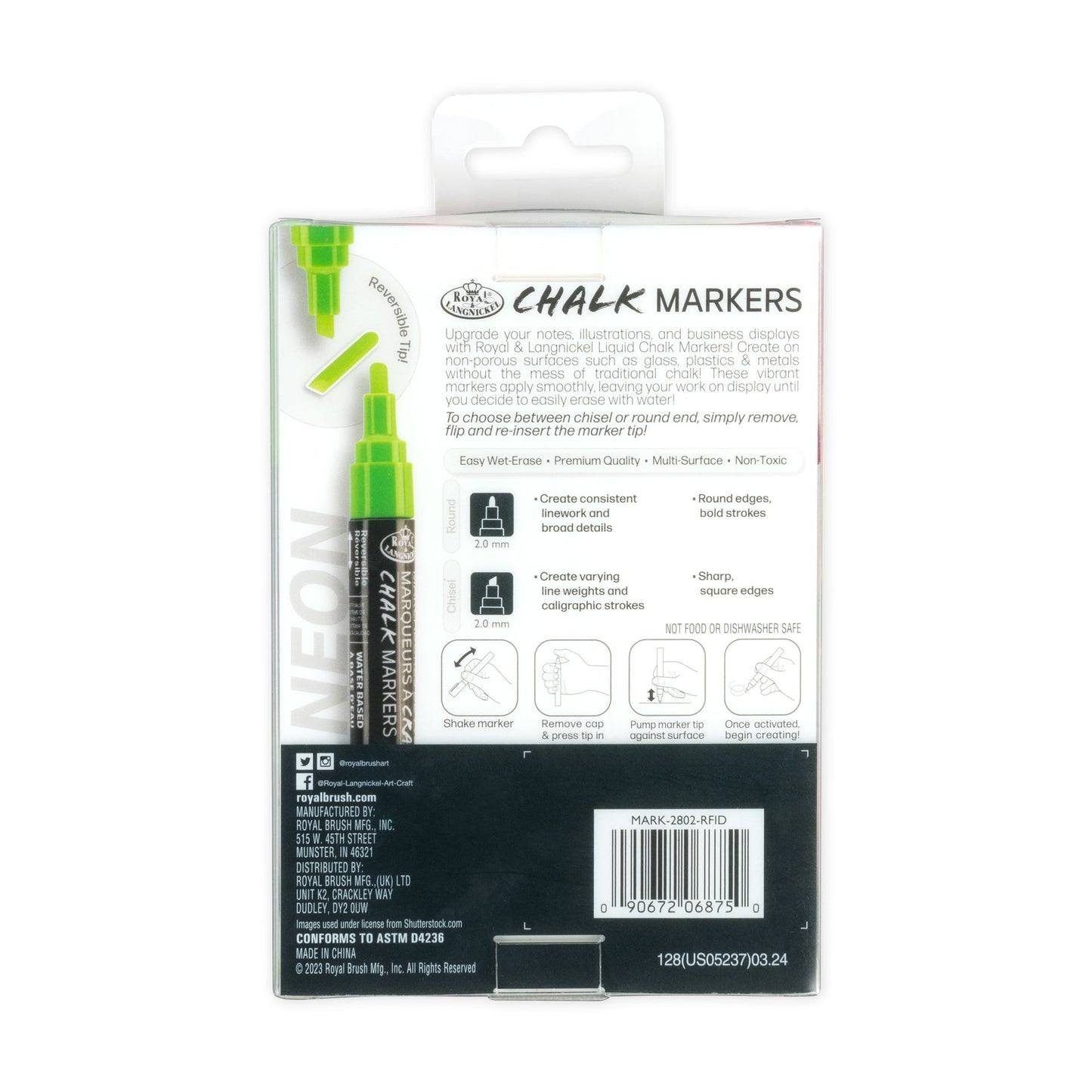 WAL-MARK-2802-RFID | Royal & Langnickel 6 Piece 2.0mm Neon Chalk Marker Set with Reversible Tips