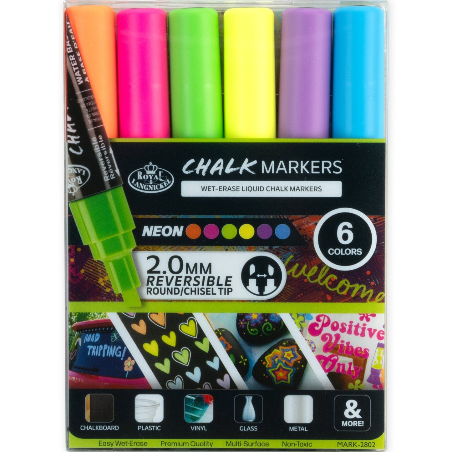 WAL-MARK-2802-RFID | Royal & Langnickel 6 Piece 2.0mm Neon Chalk Marker Set with Reversible Tips