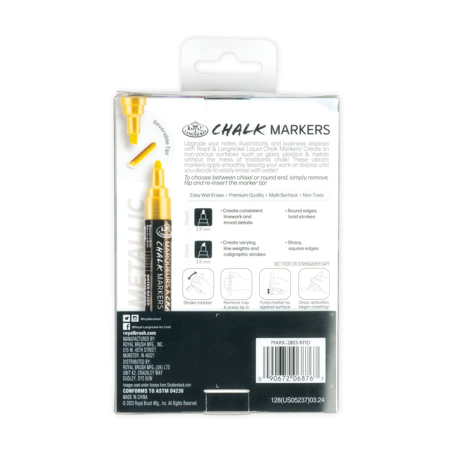 WAL-MARK-2803-RFID | Royal & Langickel 6 Piece 2.0mm Metallic Chalk Marker Set with Reversible Tips