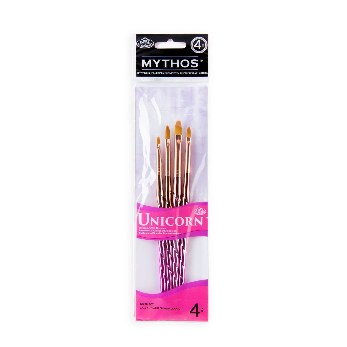 MYTH 502 - Mythos™ Unicorn 4pc Filbert Brush Set packaging front