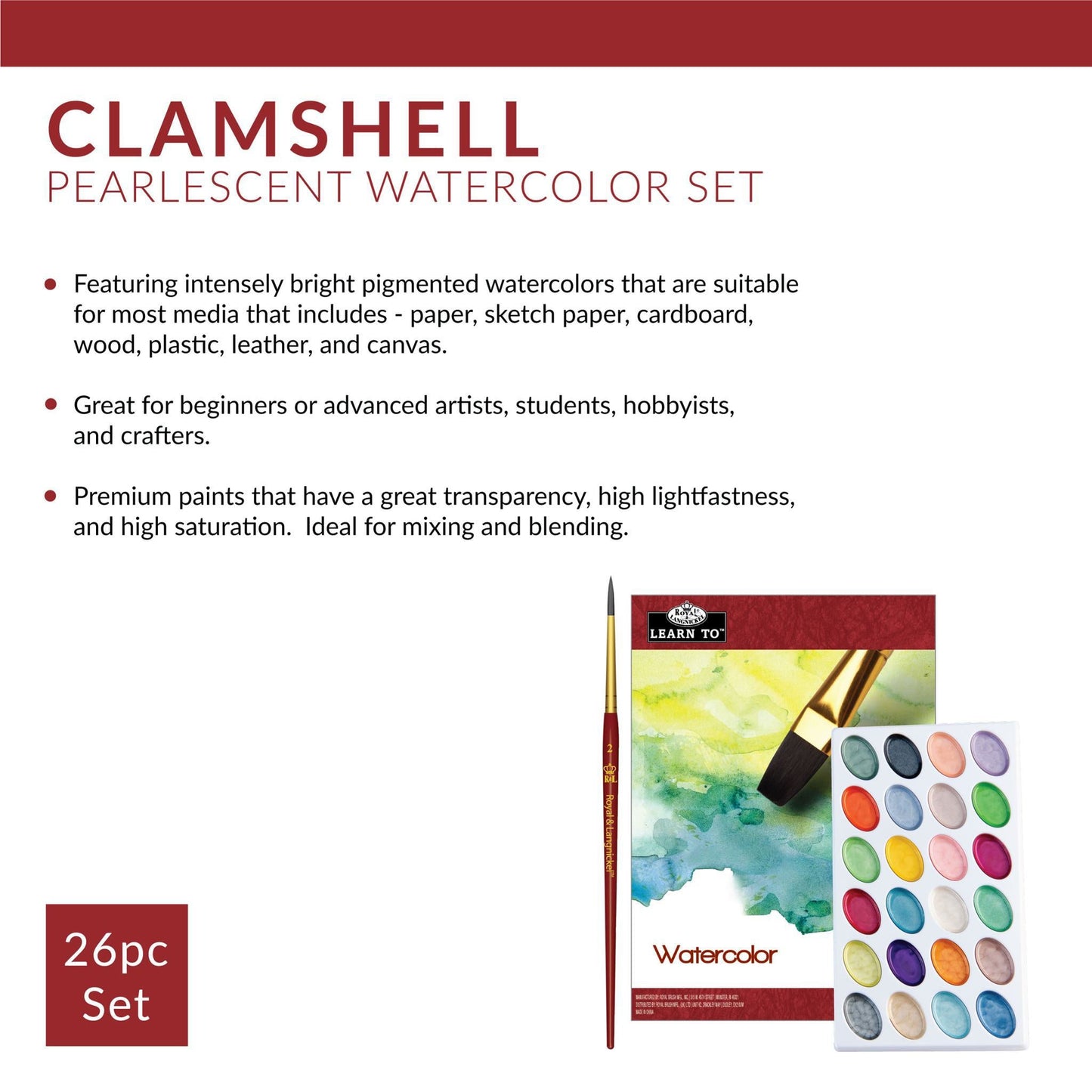 RART-2008 - Essentials™ 26pc Pearlescent Watercolor Painting Art Set infographic 2