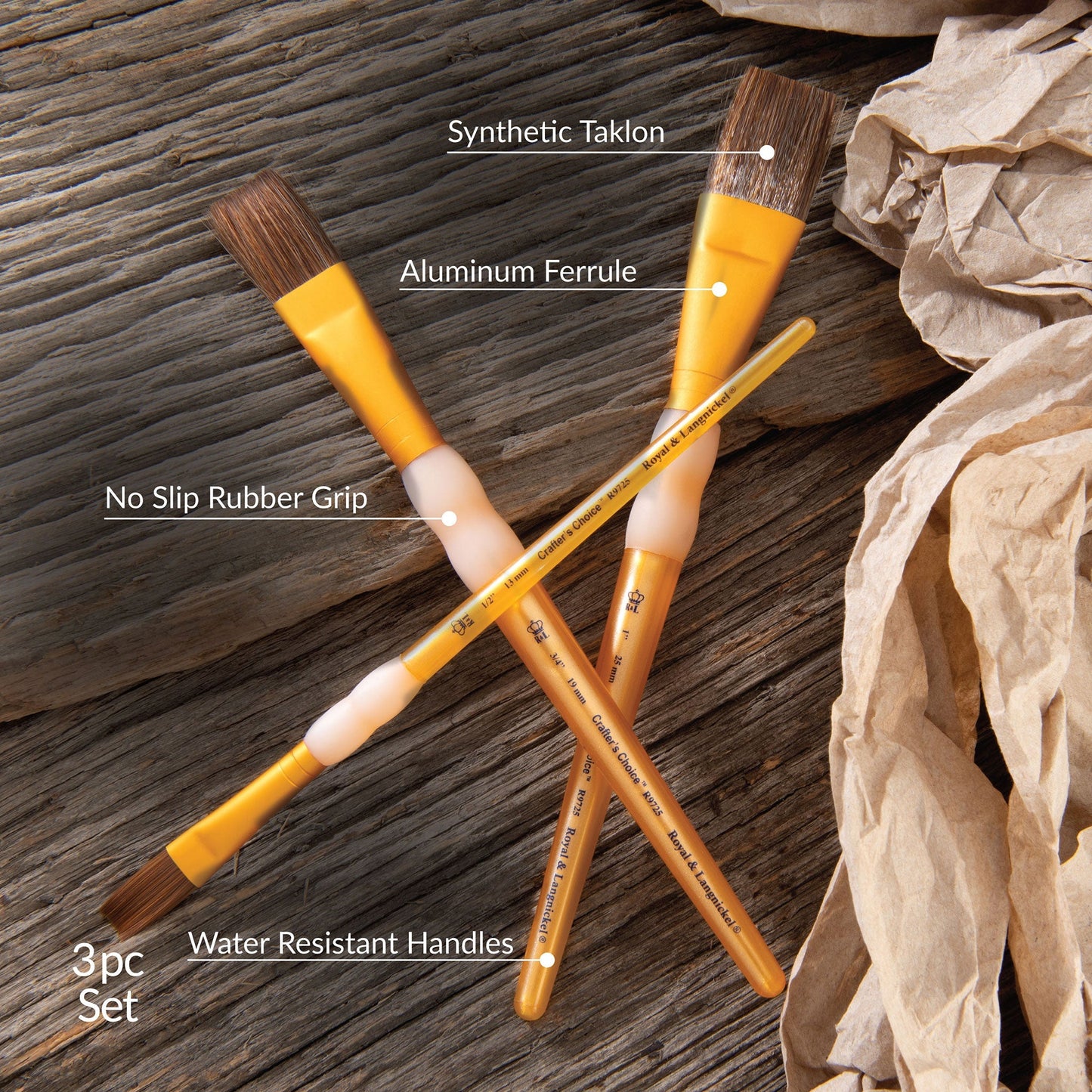 RCC 230 - Crafter's Choice™ 3pc Synthetic Camel Hair Flat Brush Set infographic 1