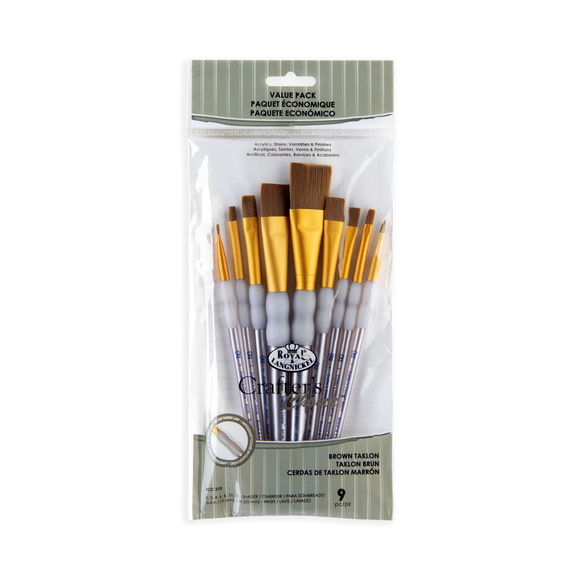 RCC 310 - Crafter's Choice™ 9pc Brown Taklon Variety Brush Set packaging front