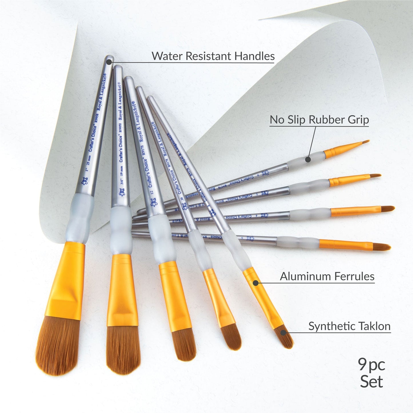 RCC 311 - Crafter's Choice™ 9pc Brown Taklon Filbert/Wash Brush Set infographic 1