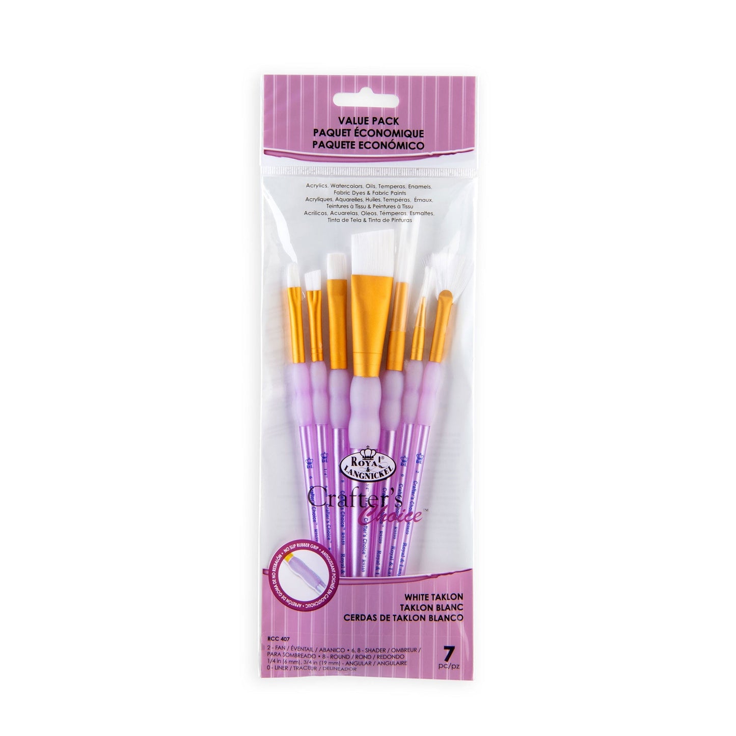 RCC 407 - Crafter's Choice™ 7pc White Taklon Variety Brush Set packaging front