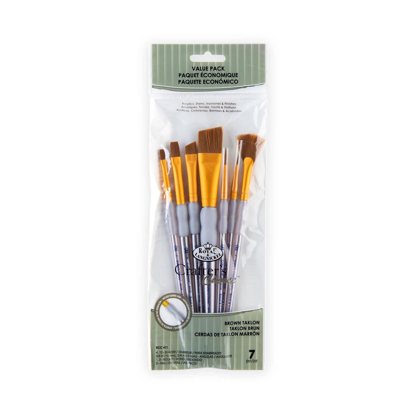 RCC 411 - Crafter's Choice™ 7pc Brown Taklon Variety Brush Set packaging front