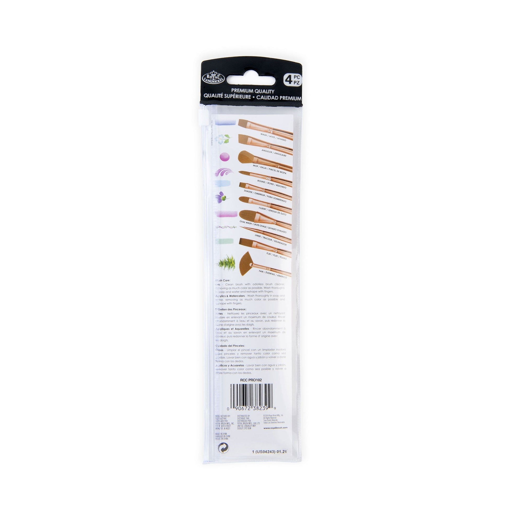 RCC PRO102-ZP - Crafter's Choice™ Pro 4pc Synthetic Sable Variety Brush Set packaging back