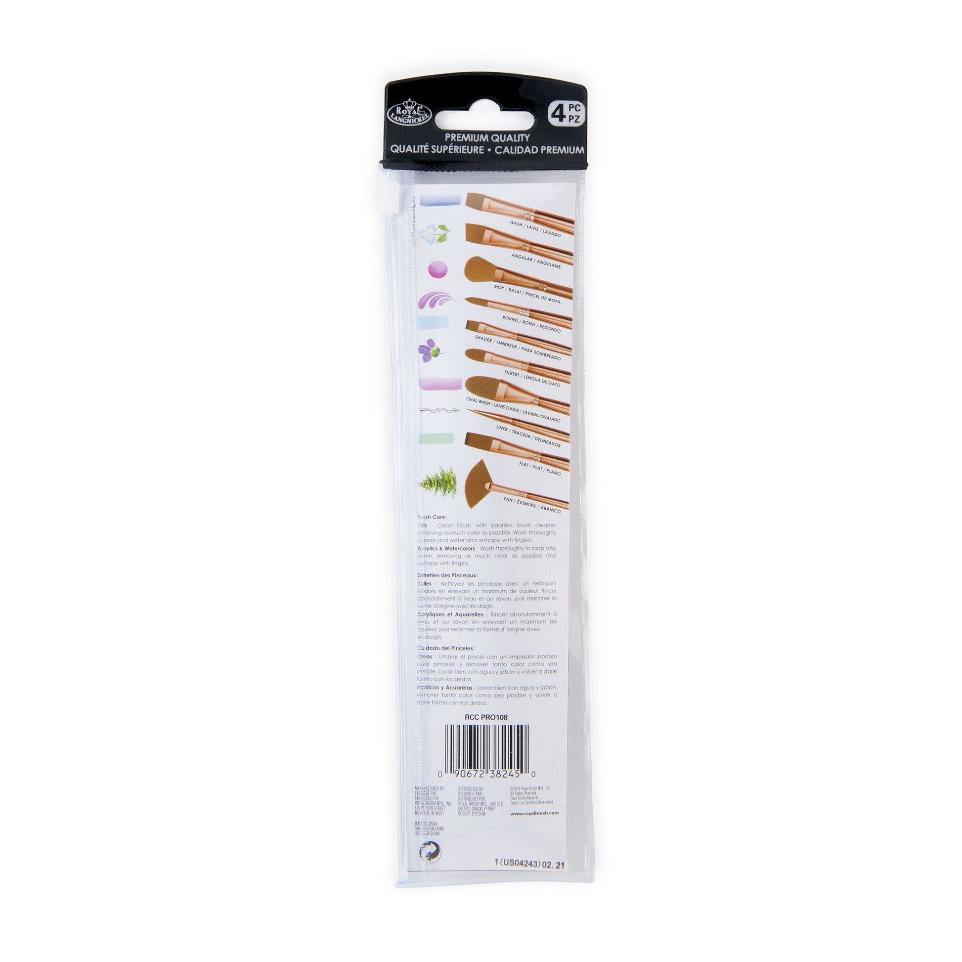 RCC PRO108-ZP - Crafter's Choice™ Pro 4pc Synthetic Sable Variety Brush Set packaging back