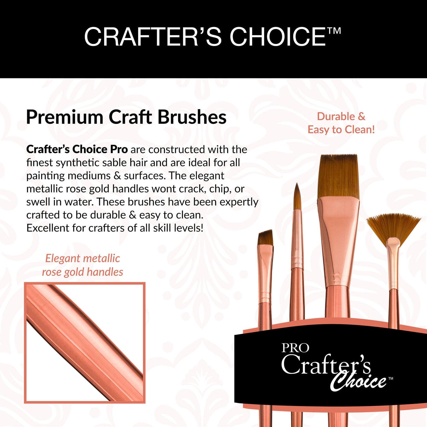 RCC PRO109-ZP - Crafter's Choice™ Pro 4pc Synthetic Sable Round Brush Set infographic 1