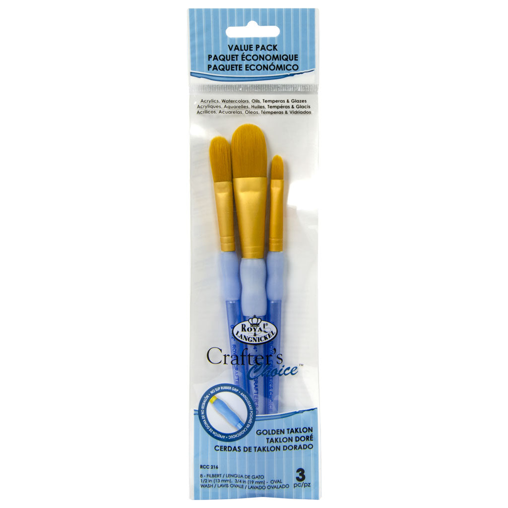 RCC 216 - Crafter's Choice™ 3pc Golden Taklon Filbert/Oval Wash Brush Set