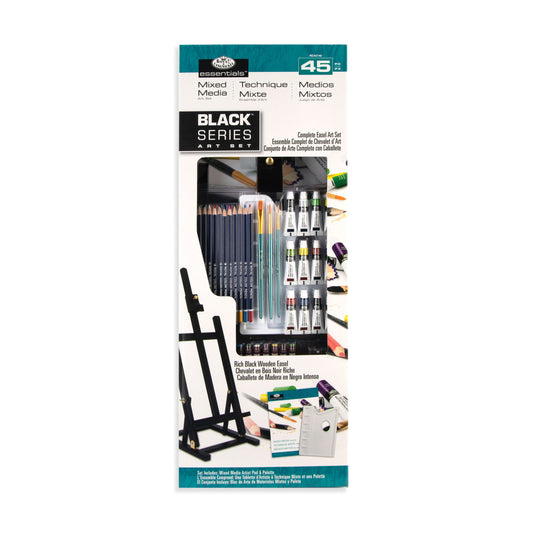 REA5740 - essentials™ 45pc Black Series Mixed Media H-Frame Easel Art Set packaging front