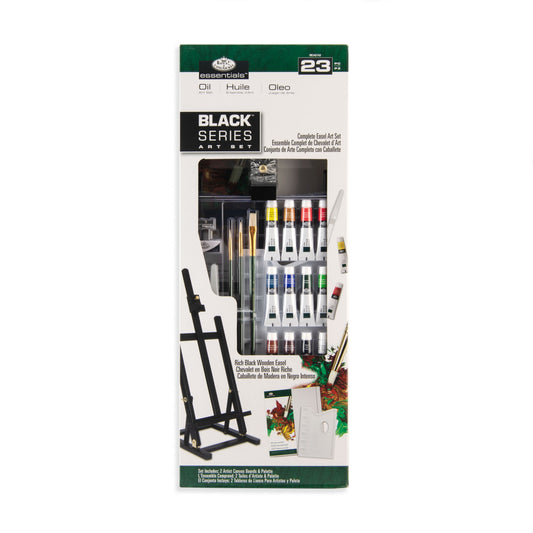 REA5743 - essentials™ 23pc Black Series Oil Paint H-Frame Easel Art Set packaging front