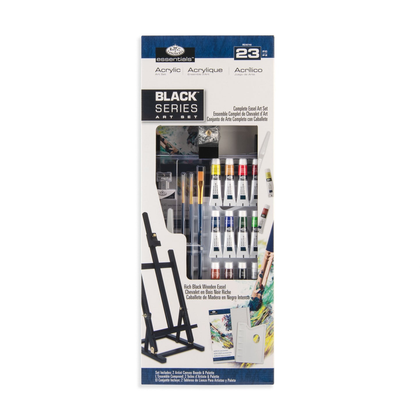 REA5744 - essentials™ 23pc Black Series Acrylic Paint H-Frame Easel Art Set packaging front