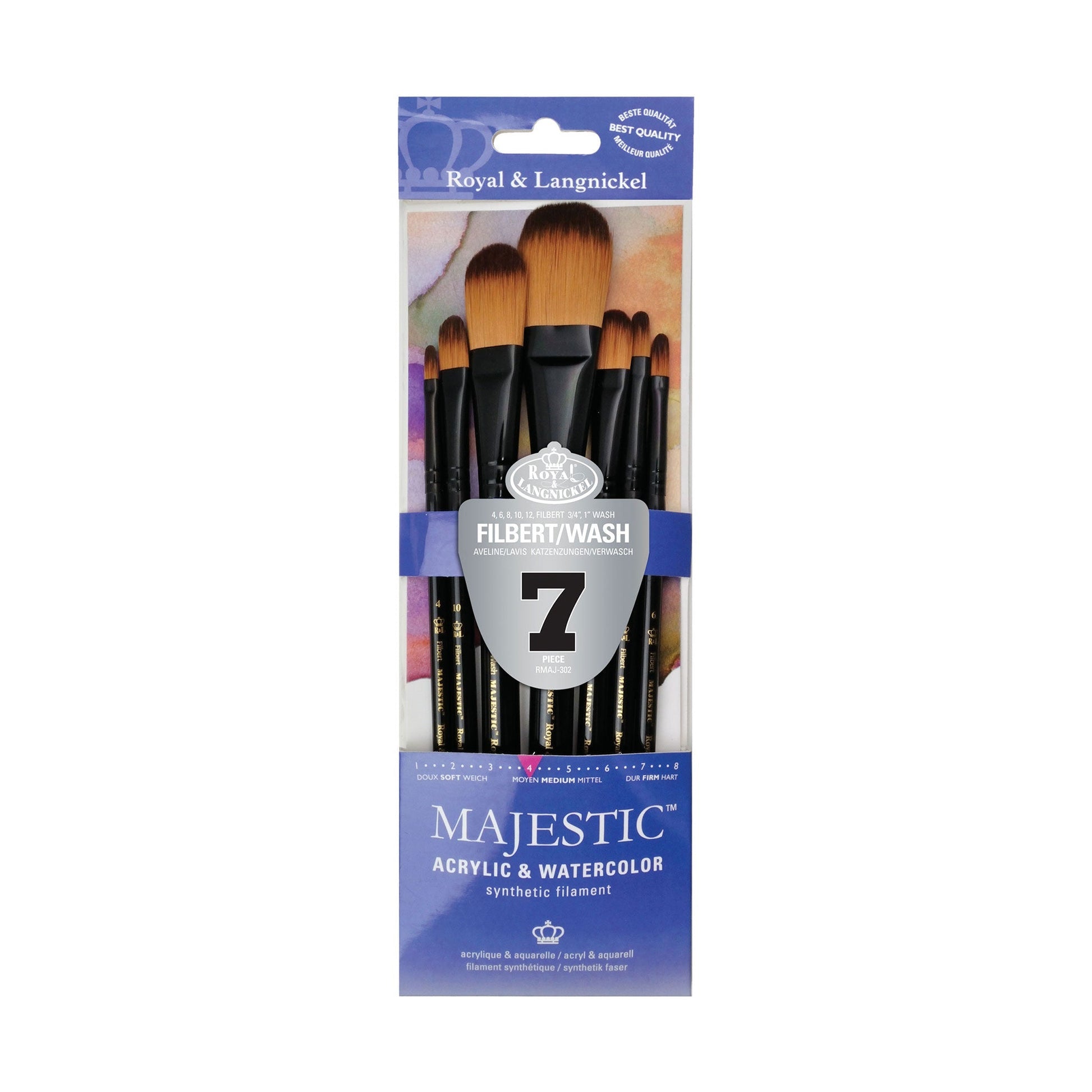 RMAJ-302 - Majestic™ 7pc Acrylic & Watercolor Filbert Brush Set packaging front