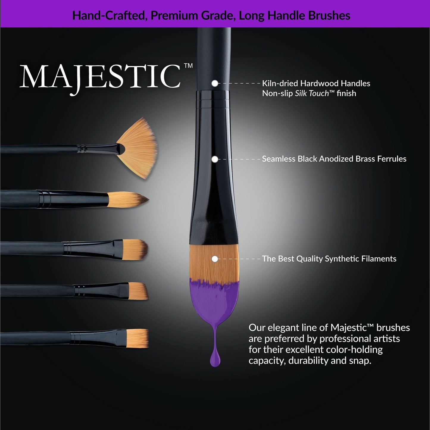 RMAJ-401 - Majestic™ 7pc Long Handle Acrylic & Oil Round Brush Set infographic 1