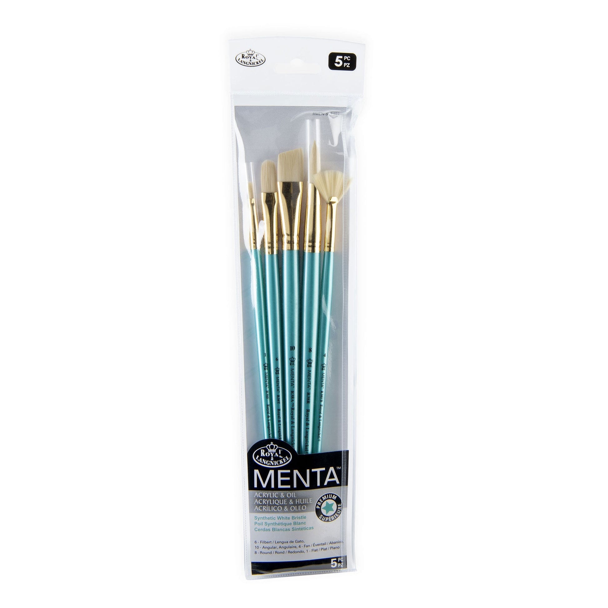 RMEN-SET382 - Menta™ 5pc Synthetic White Bristle Variety Acrylic & Oil Brush Set packaging front