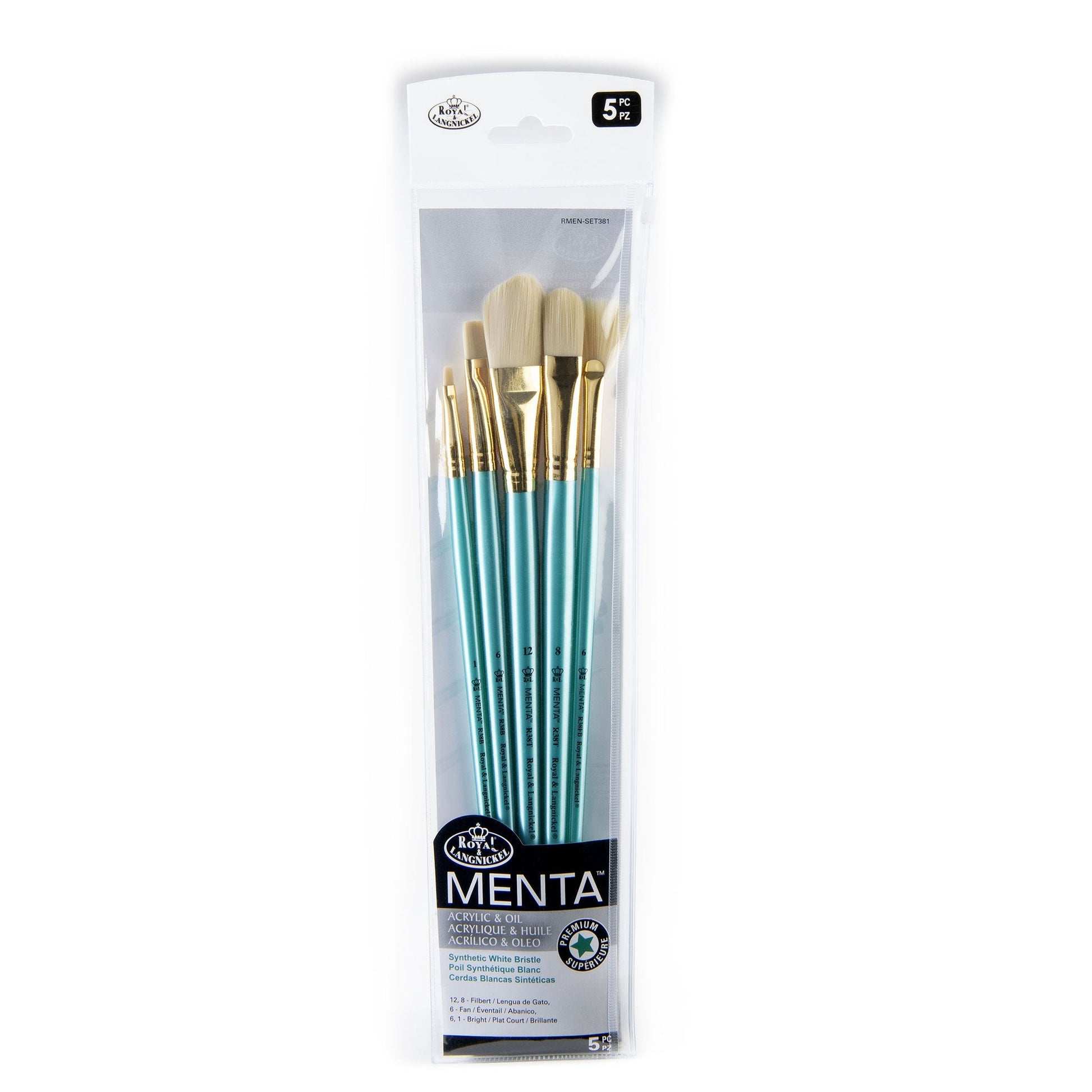 RMEN-SET381 - Menta™ 5pc Synthetic White Bristle Variety Acrylic & Oil Brush Set packaging front