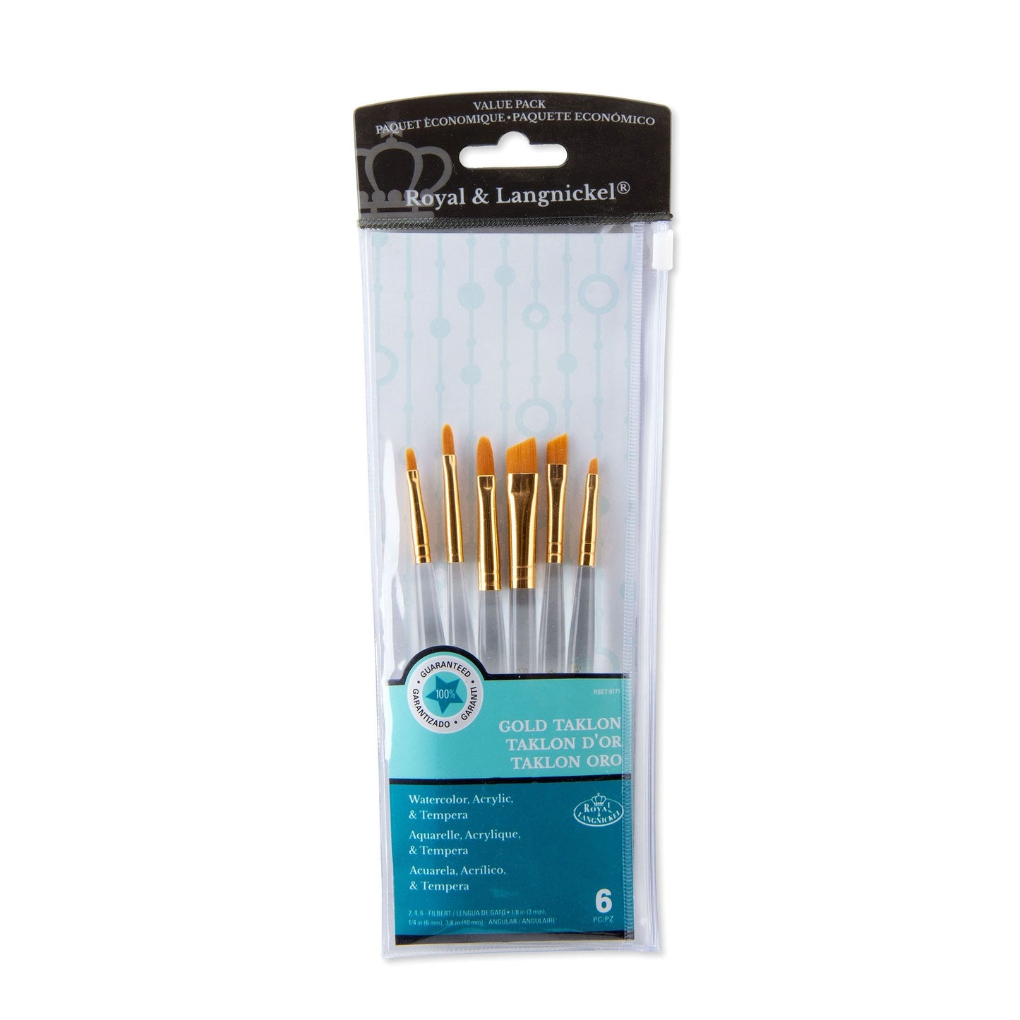 RSET-9171 - 6pc Golden Taklon Short Handle Filbert/Angular Brush Set packaging front