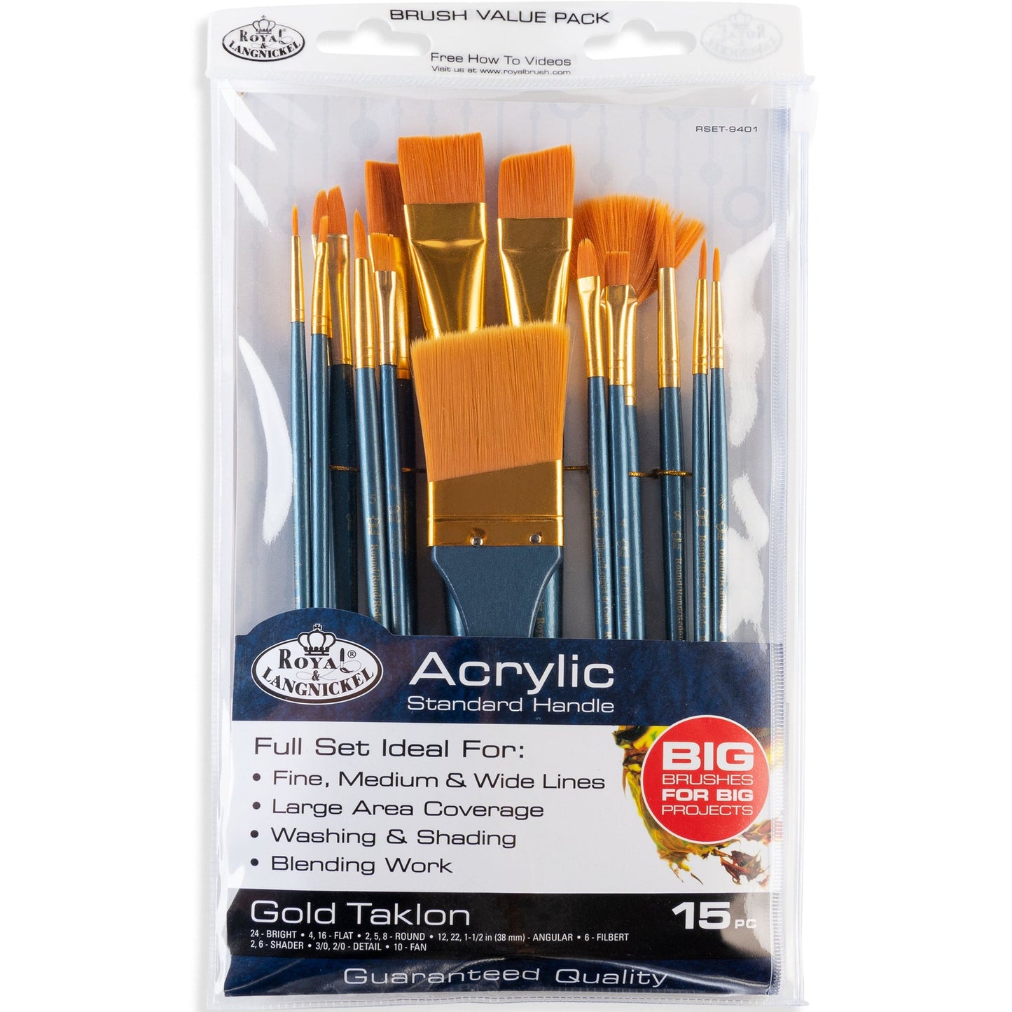 RSET-9401 - Acrylic 15pc Golden Taklon Variety Brush Set packaging front