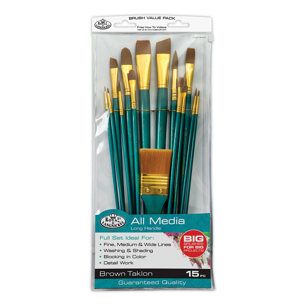 RSET-9404 - 15pc Brown Taklon Long Handle Variety Brush Set