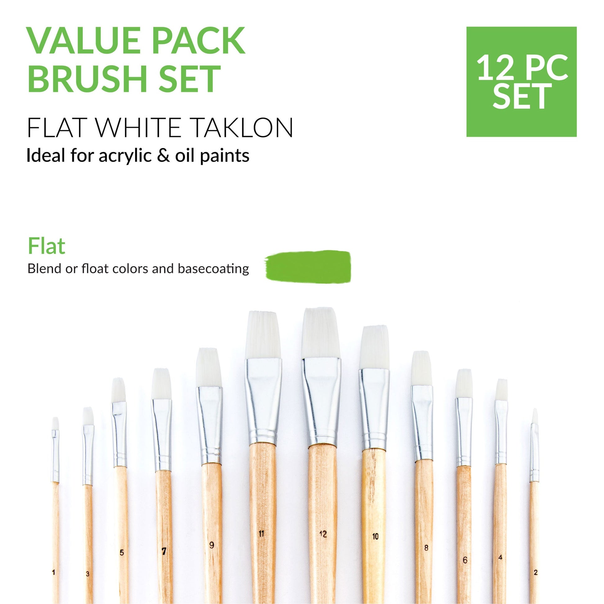 RSET-9605 - 12pc White Taklon Flat Brush infographic 1