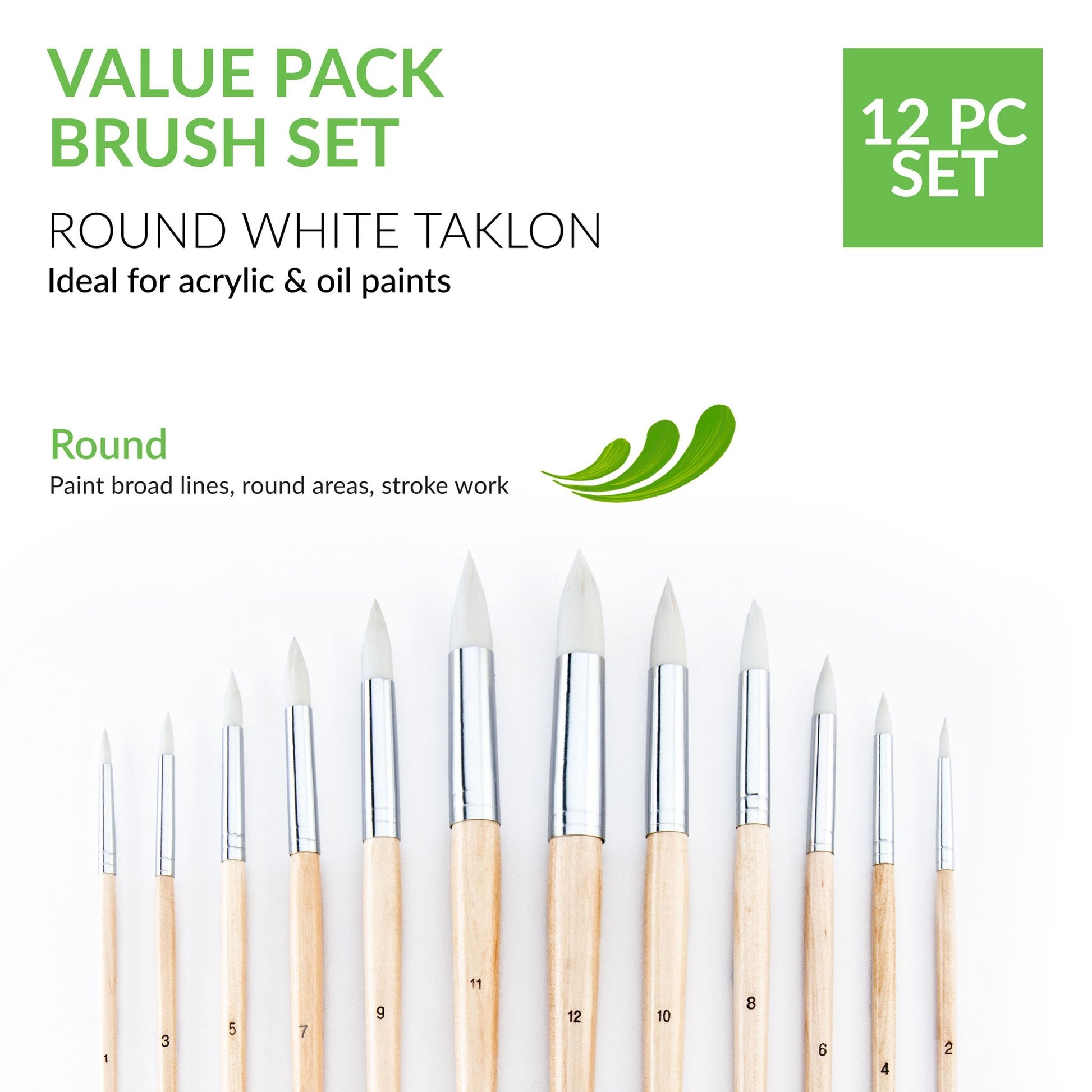 RSET-9606 - 12pc White Taklon Round Brush Set infographic 1