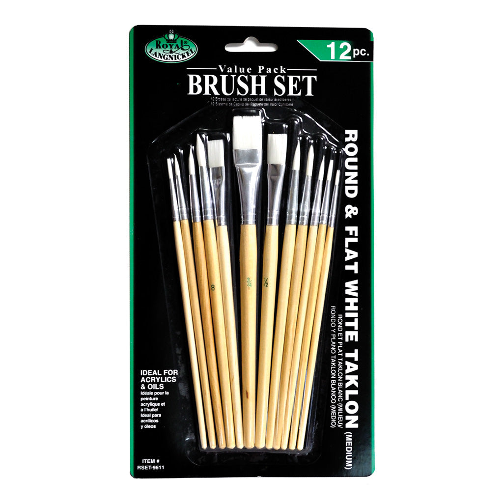 RSET-9611 - 12pc White Taklon Round/Flat Brush Set