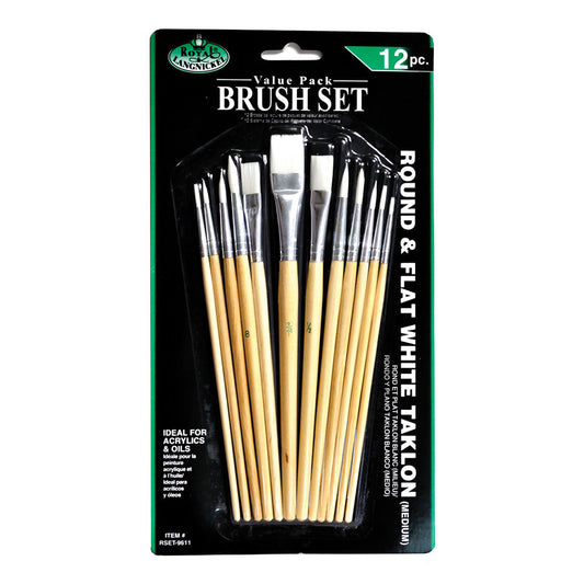 RSET-9611 - 12pc White Taklon Round/Flat Brush Set