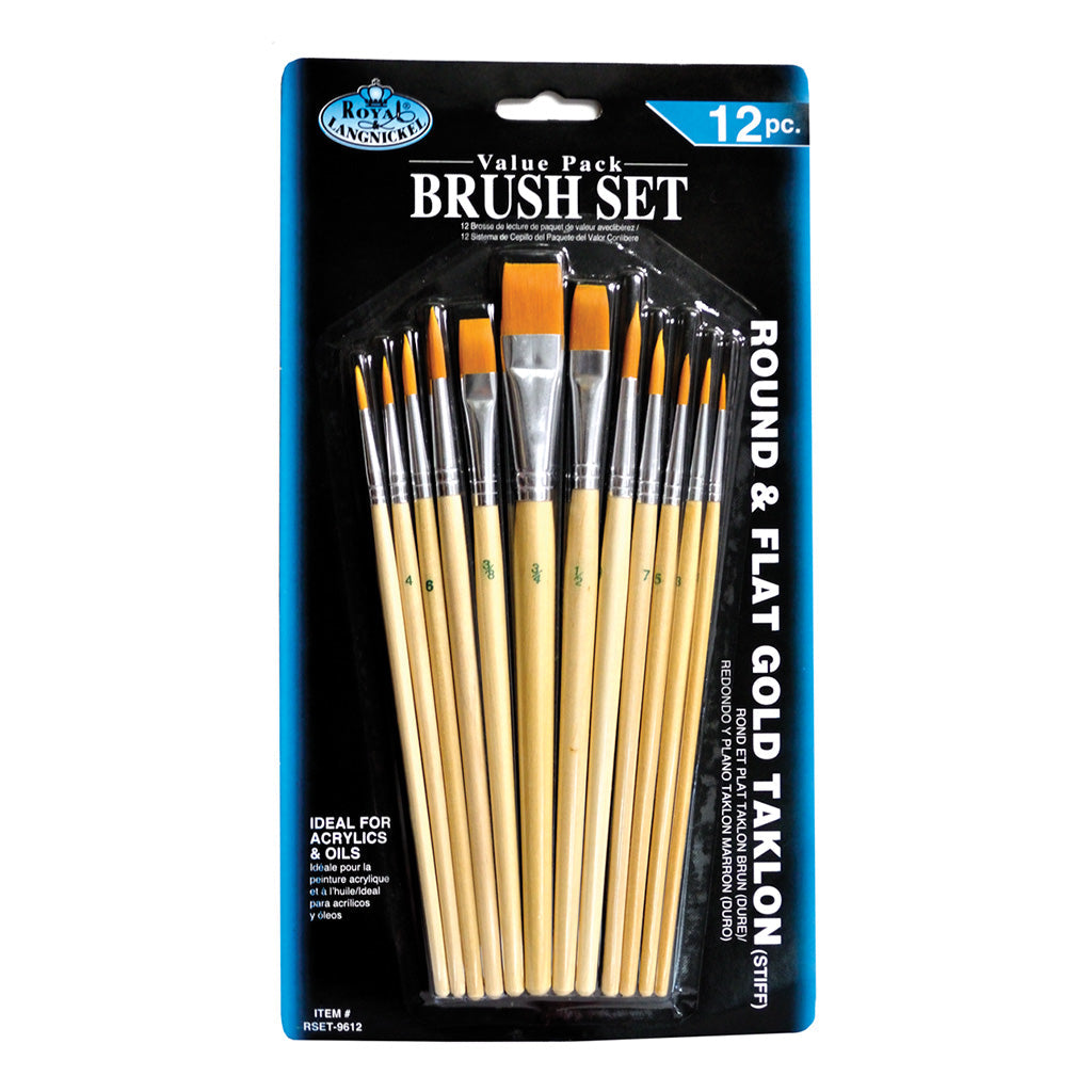 RSET-9612 - 12pc Golden Taklon Round/Flat Brush Set