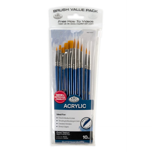 SVP7-SIA | Gold Taklon 10pc Round/Shader Acrylic Brush Value Pack