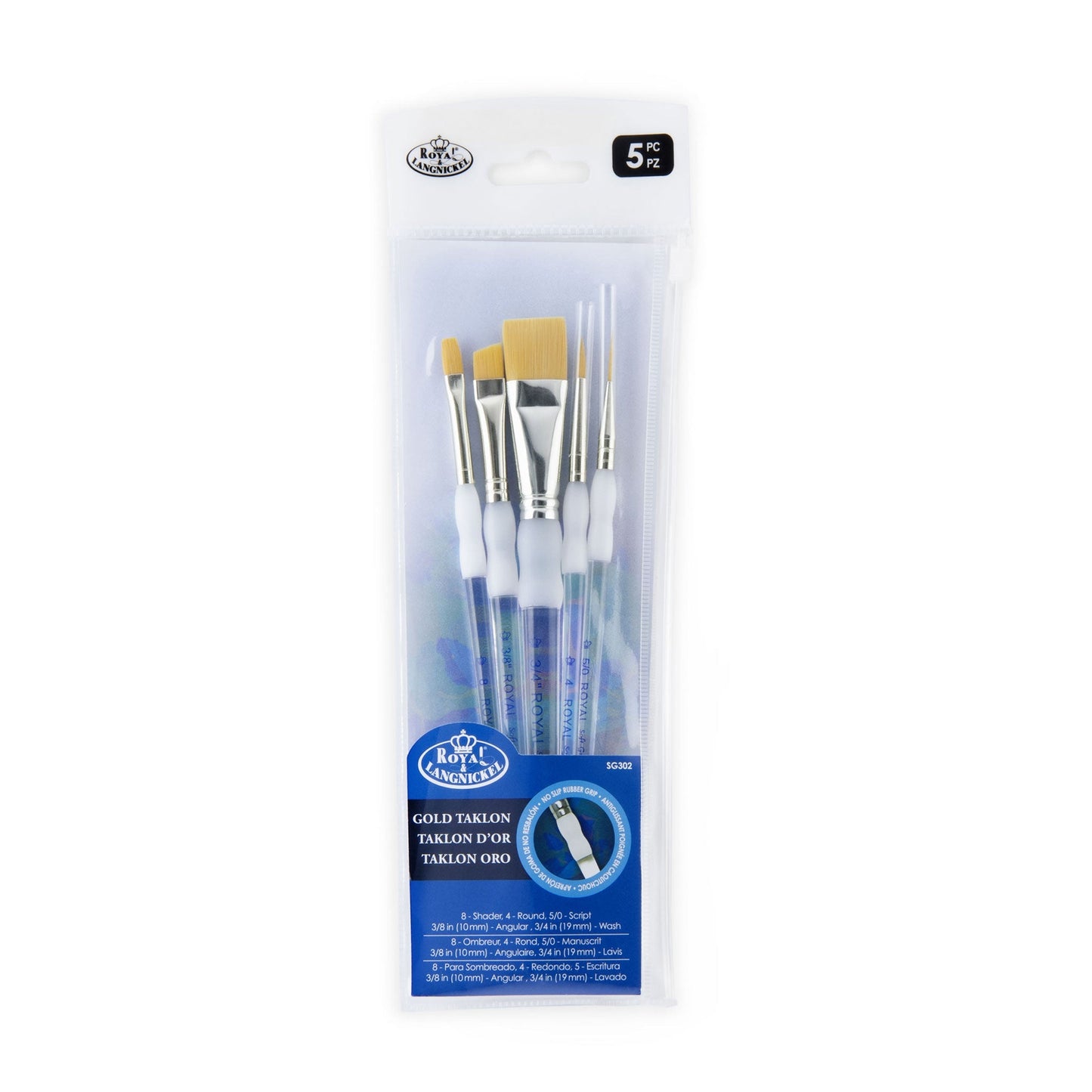 SG302 - Soft-Grip™ 5pc Golden Taklon Variety Brush Set packaging front