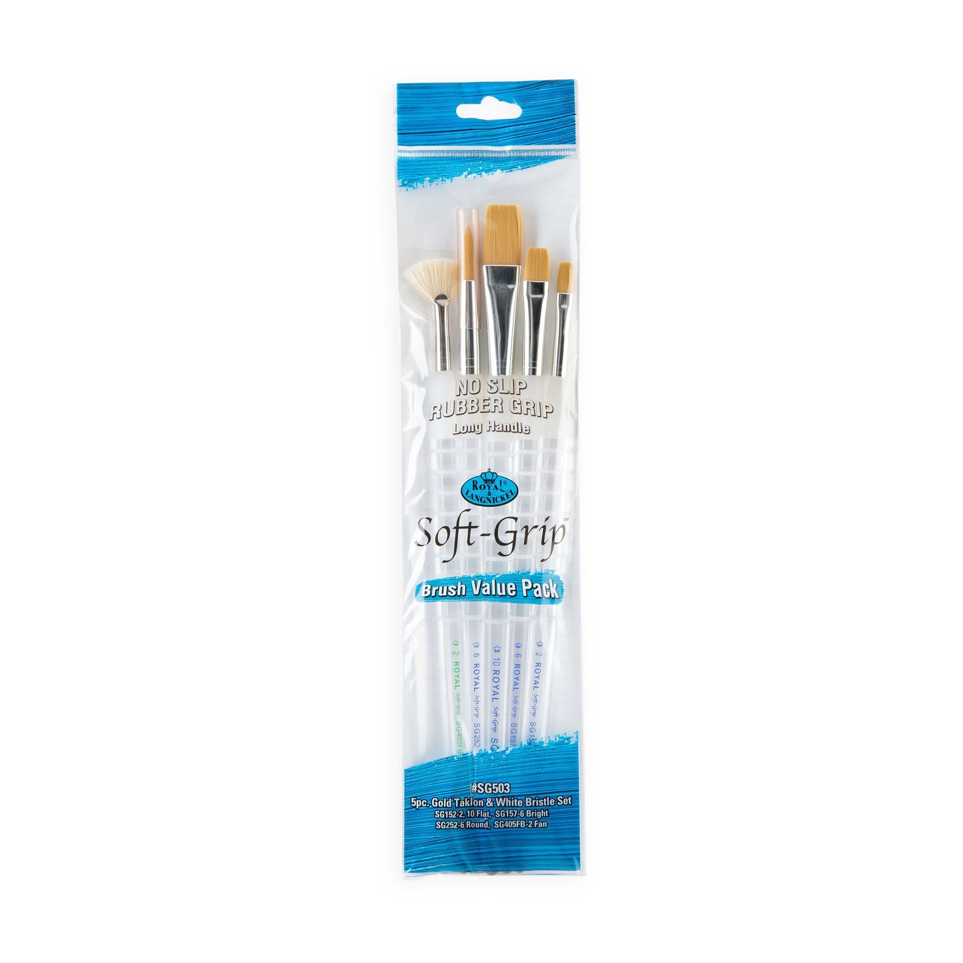 SG503 - Soft-Grip™ 5pc Long Handle Golden Taklon/Bristle Variety Brush Set packaging front