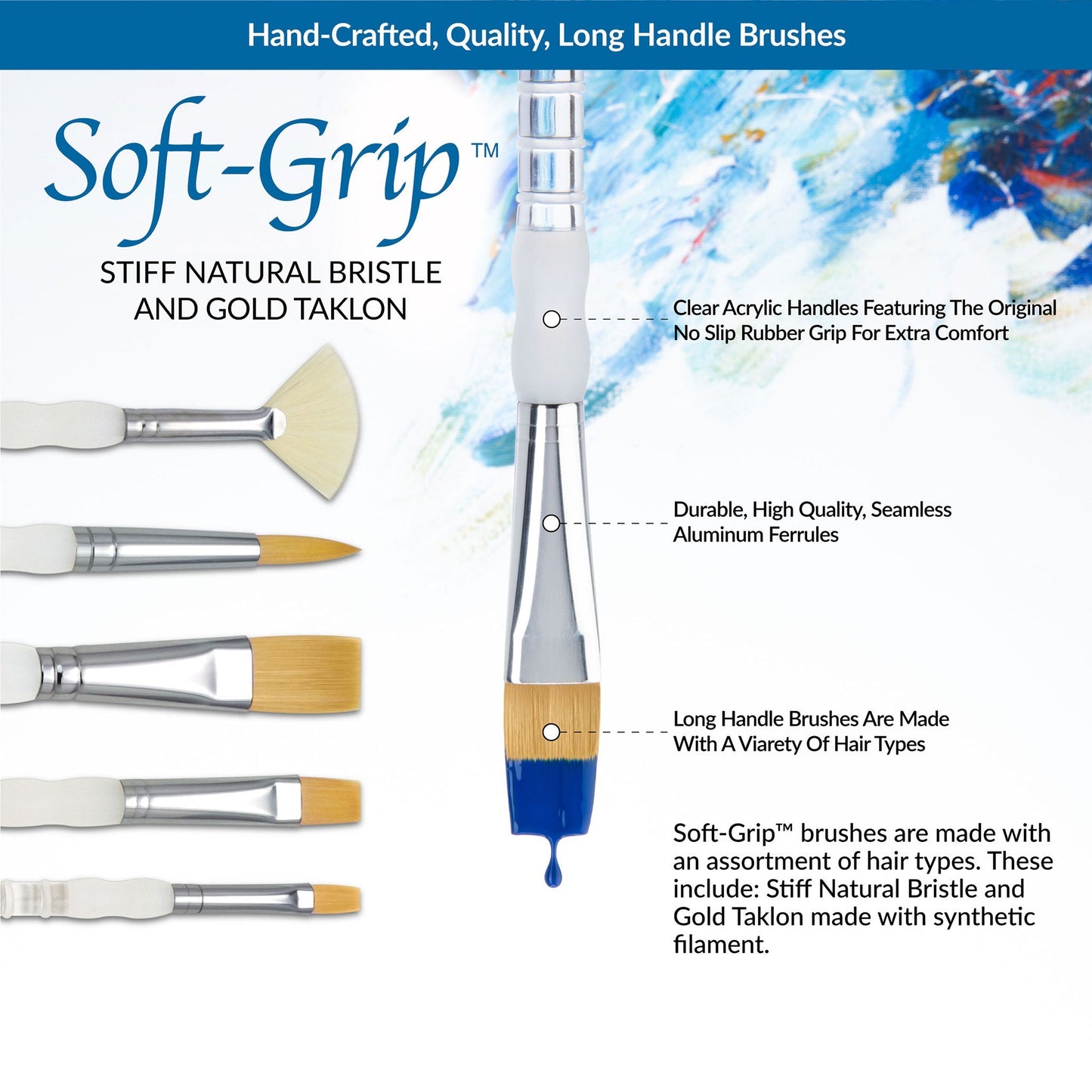 SG503 - Soft-Grip™ 5pc Long Handle Golden Taklon/Bristle Variety Brush Set infographic 1