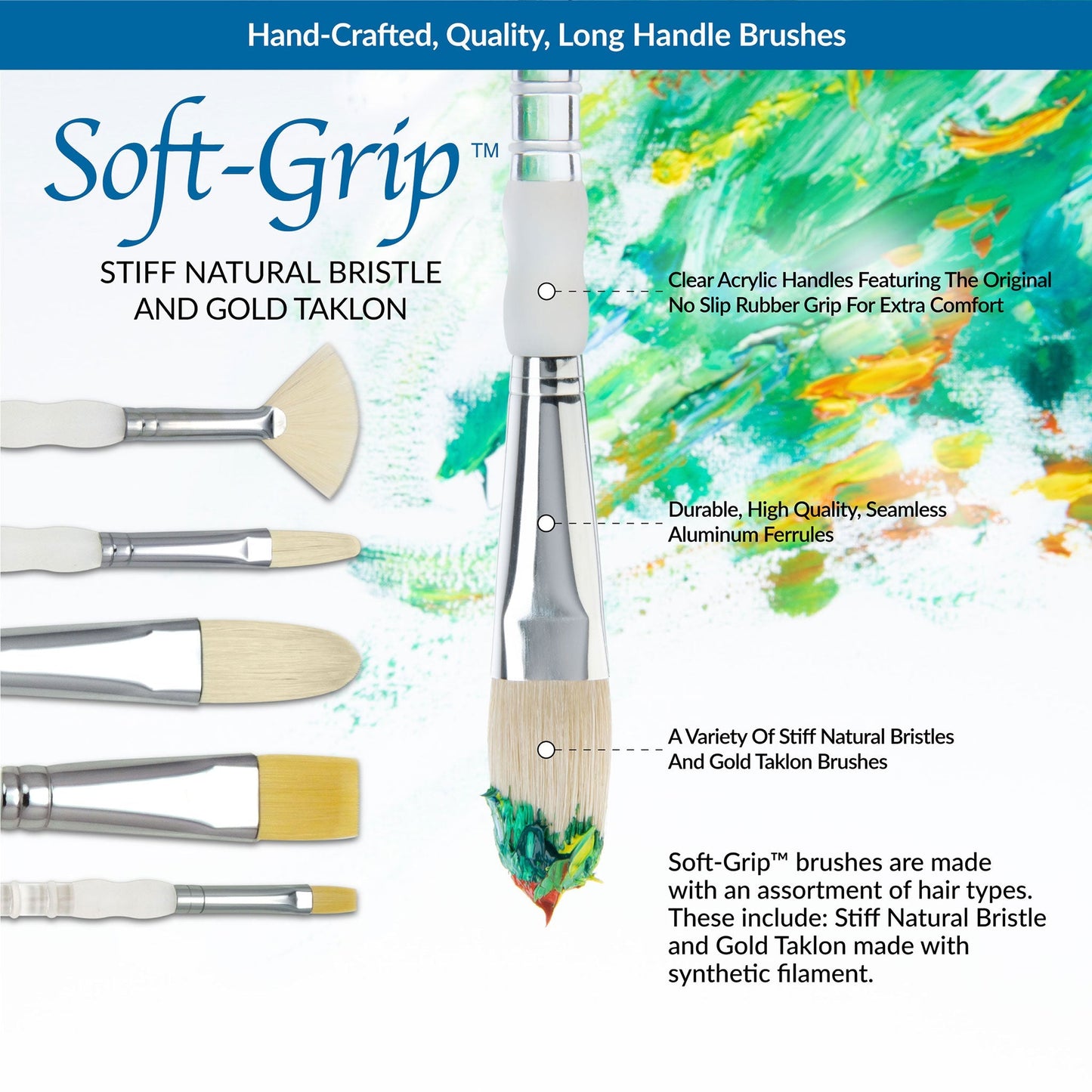 SG504 - Soft-Grip™ 5pc Long Handle Golden Taklon/Bristle Variety Brush Set infographic 1