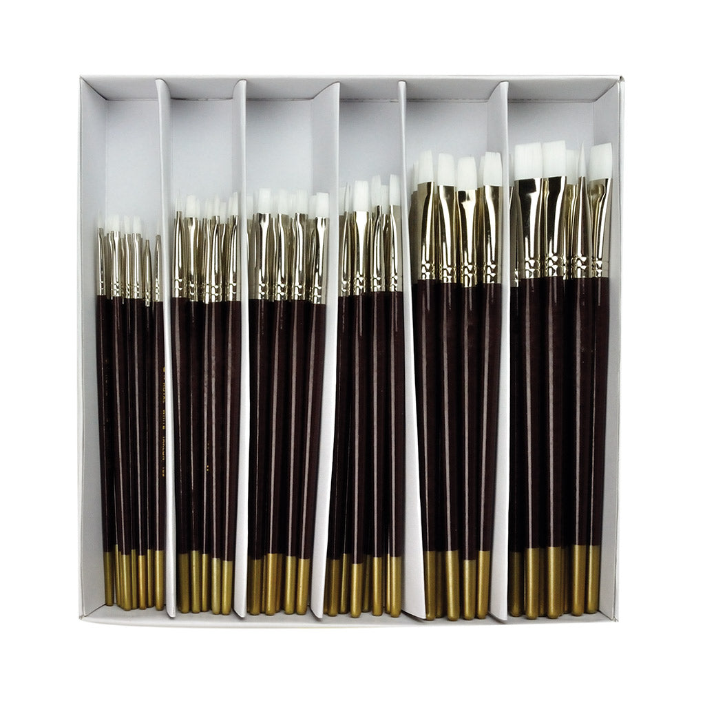 WTFlat-72 - 72pc White Taklon Flat Brush Display Box