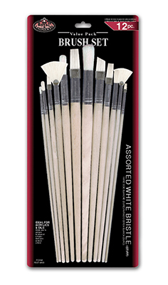 Royal and Langnickel Flat Bristle Long Handle Brush Set White Pack of 12 