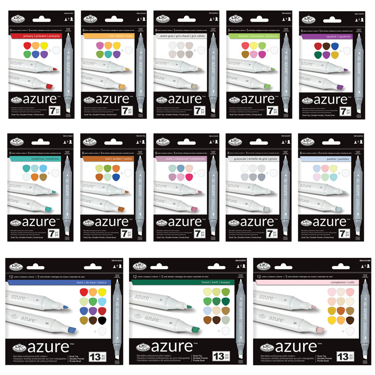Royal & Langnickel Azure, 13pc Dual-Tip, Alcohol Based Marker Set, Includes  - 12 Markers & 1 Blender, Basic Colors